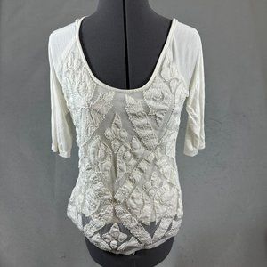 BKE Boutique Buckle Semi Sheer Blouse Pearl Accents White Short Sleeve Size S